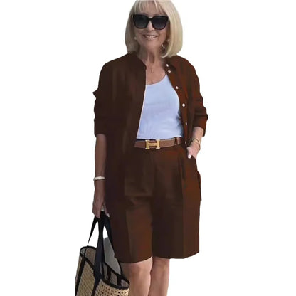 2026 Elegant 2-Piece Sets For Women Womens Cardigan Shirt Top Summer Solid Color Casual Shorts Two Piece New In Matching Sets