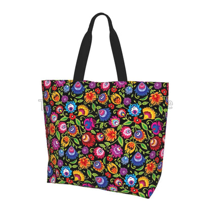 Mexican Ethnic Flowers Tote Bag Large Capacity Zipper Women Grocery Bags Purse Shopping Handbags Casual Travel Shoulder Bag