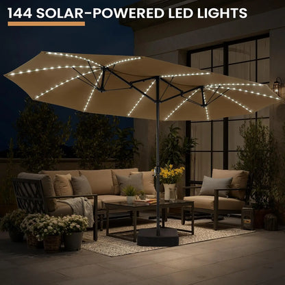 15FT Double Sided Umbrella with 144 LED Solar Lights, Outdoor Patio Umbrella with Base, Large Rectangle Market, Customized