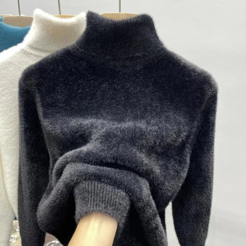 Women's Turtleneck Sweater Faux Mink Top for Women Solid Plush Thickened Warm Bottoming Shirts Basic Knitwear Thermal Pullovers