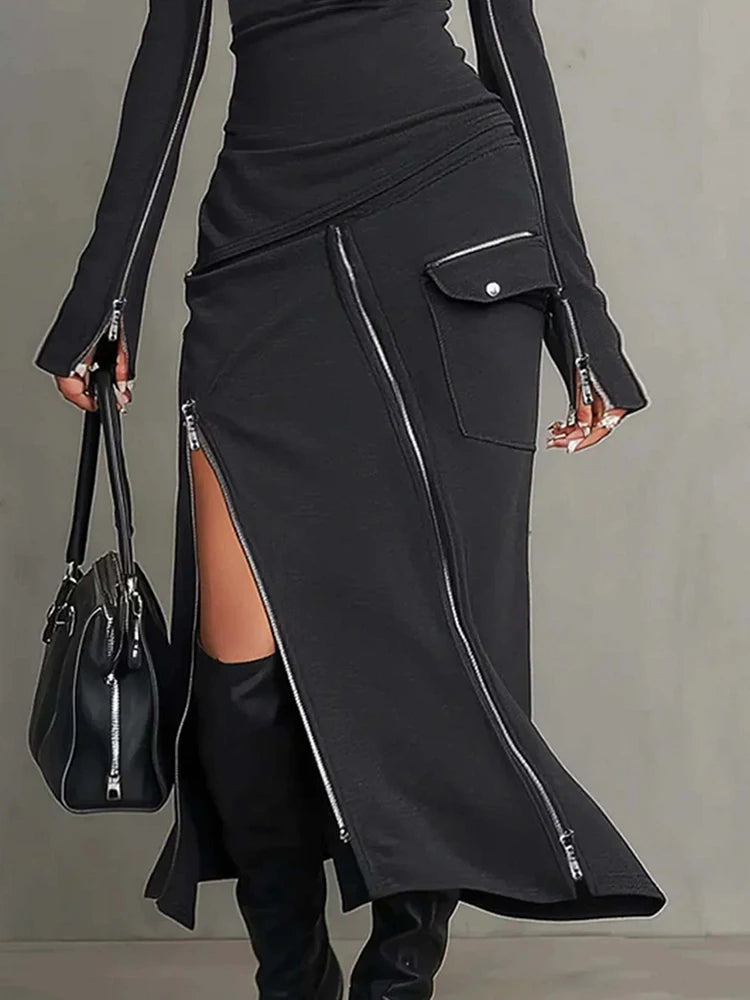 Women's Turtleneck Long Sleeve Pullover Top with Zipper Patchwork Maxi Skirt Two-Piece Set Spring Summer Streetwear Outfit 2026