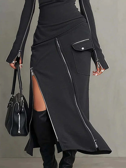 Women's Turtleneck Long Sleeve Pullover Top with Zipper Patchwork Maxi Skirt Two-Piece Set Spring Summer Streetwear Outfit 2026