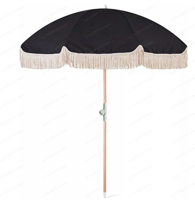 2m yellow striped umbrella with tassels, outdoor shade, beach umbrella, courtyard camping, sun protection
