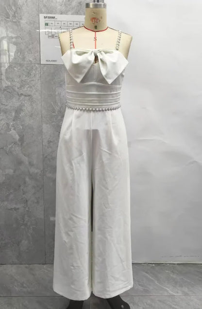 Jumpsuit Women 2025 Spring New Bandeau Beaded Spaghetti Strap Bowknot Design Ruched Slim Fit Jumpsuit Elegant Wide-Leg Overall