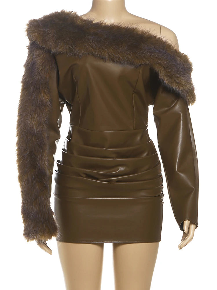 Kliou Faux Leather Mini Dresses Woman Furry Patchwork Skew Collar Full Sleeve Backless High Waist Street Fashion Classic Bodycon