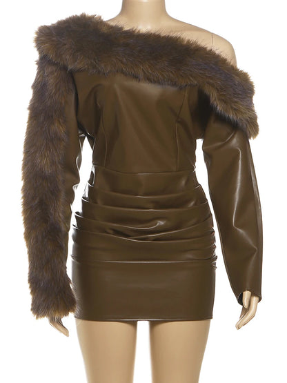 Kliou Faux Leather Mini Dresses Woman Furry Patchwork Skew Collar Full Sleeve Backless High Waist Street Fashion Classic Bodycon