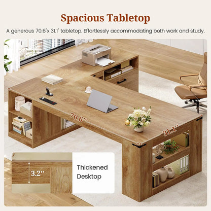 71" Executive Desk with Drawers Power Outlets Storage Shelves File Cabinet L Shaped Office Workstation Oak Customized