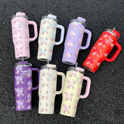 1pc 900ml Floral Print Stainless Steel Vacuum Insulated Tumbler with Straw,  Ice Cold Retention Cup,Birthday Gift for Women