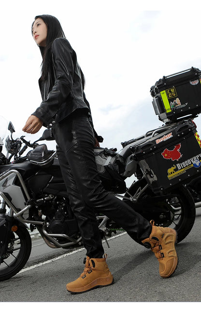 Men Motorcycle Riding Boots Waterproof Cowhide Leather Breathable Anti-Slip Wear-Resistant Street Moto Shoes