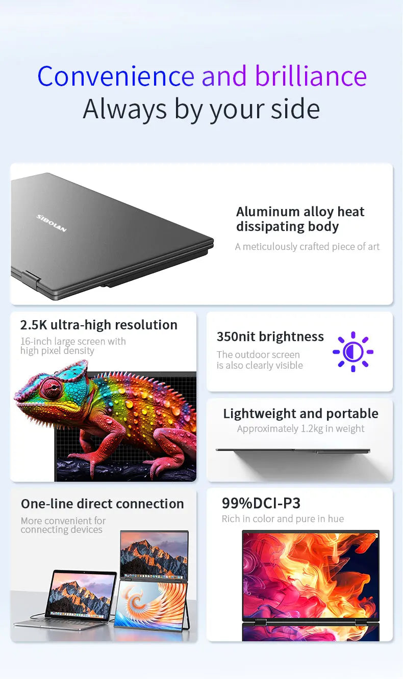 Sibolan 16 inch 2.5K Dual Screen Portable Monitor 60Hz 100% sRGB HDMI USB-C Plug Metal Body Laptop Display Extender For Wins Mac