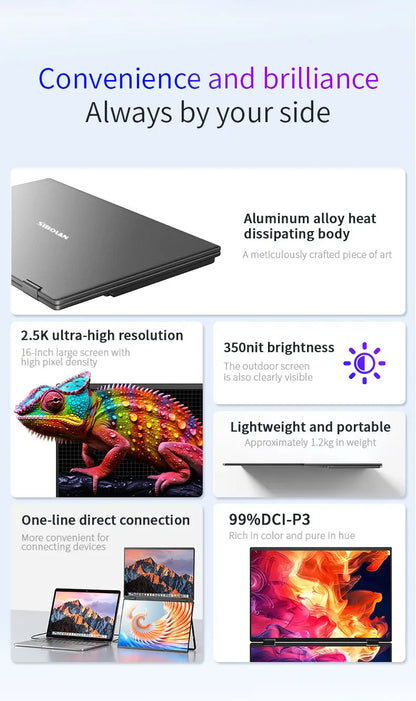 Sibolan 16 inch 2.5K Dual Screen Portable Monitor 60Hz 100% sRGB HDMI USB-C Plug Metal Body Laptop Display Extender For Wins Mac
