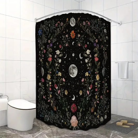 Mystical Floral and Moon Phases Waterproof Shower Curtain for Bathroom Decor, Modern Art Design, Vibrant Colors