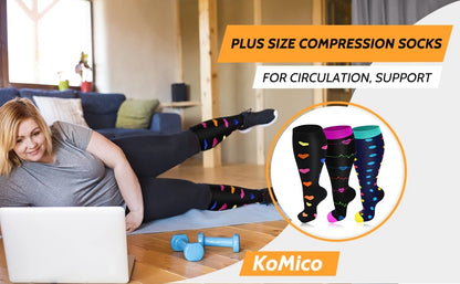 2XL-7XL Plus Size 20-30 mmHg Compression Socks for Women Men Wide Calf Extra Large Knee High Flight Sock for Circulation Support