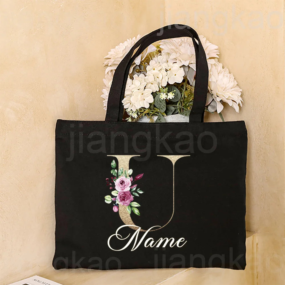 Personalized Initial with Name Tote Bag Women Canvas Shoulder Bags Monogram Shopping Bag Handbags Birthday Wedding Gifts for Her