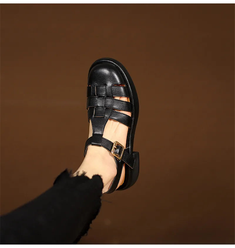 2023 Women Sandals Retro Genuine Leather Luxury Roman Sandals Casual Buckle Strap Summer Shoes GLADIATOR Thick Heel Women Shoes