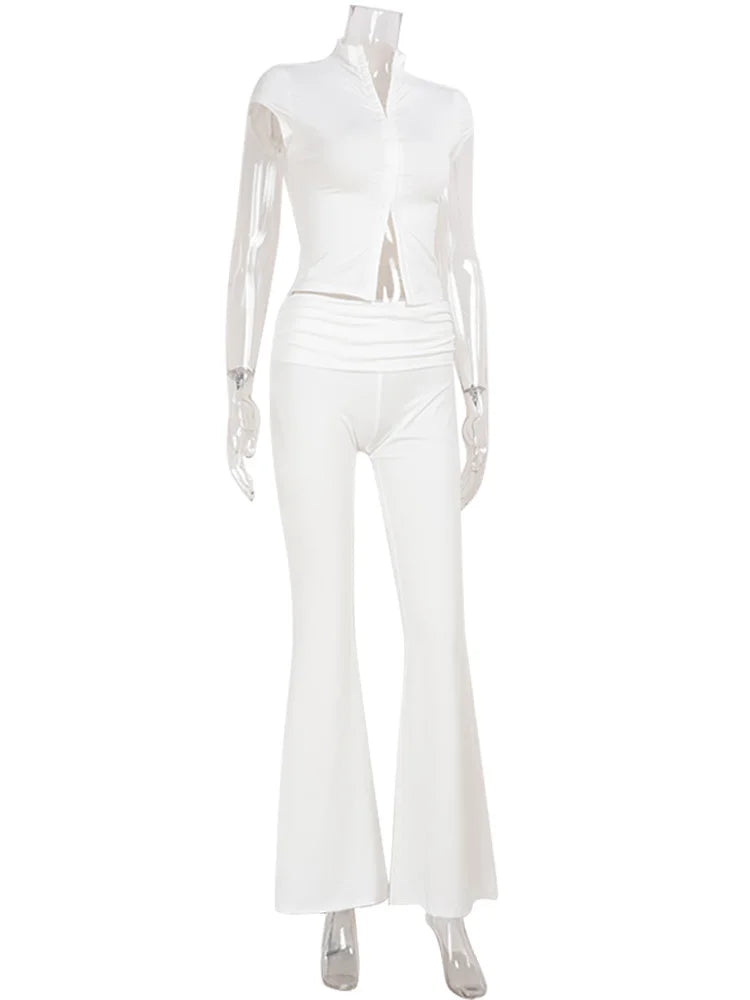 Ahagaga Sexy Women's Sets Short Sleeves Hollow Out Skinny Zipper Basic 2Pcs (Tops+Long Pants) High Street Turtleneck Reacksuits