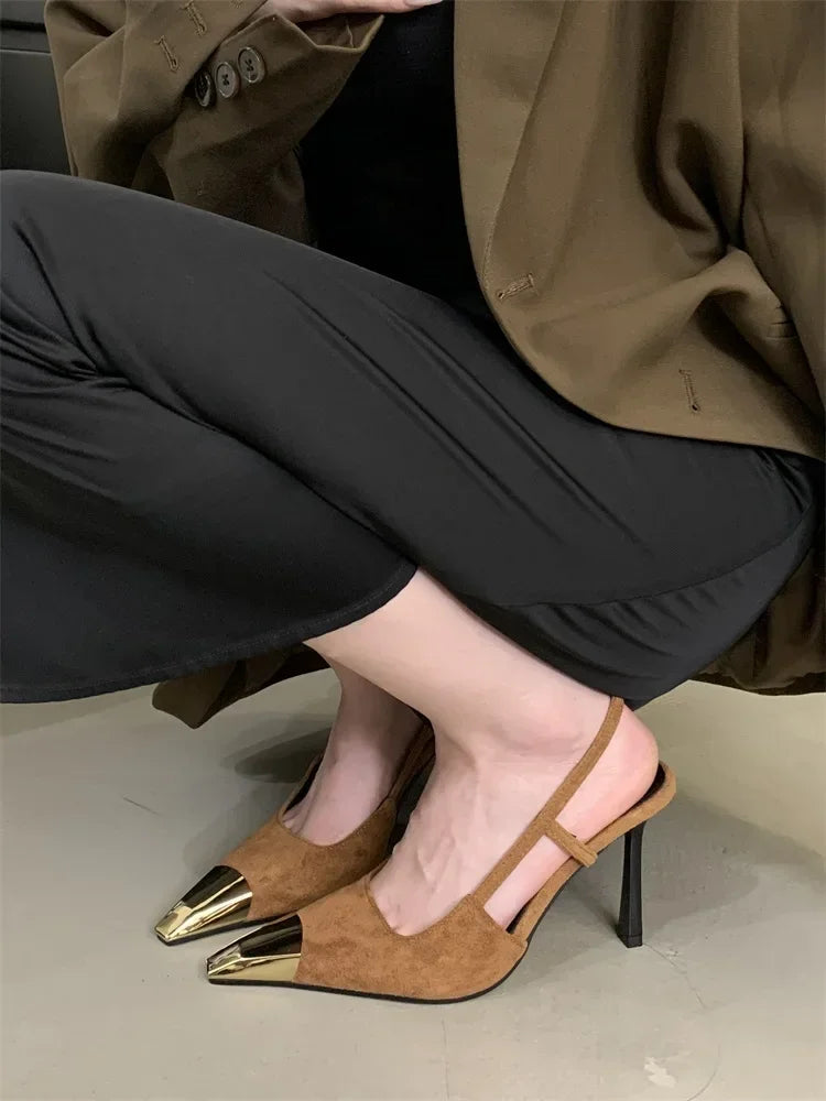 Street Style Pointed Toe Women Pumps Fashion Slingbacks Thin High Heels Elegant Stripper Prom Ladies Sandals Shoes