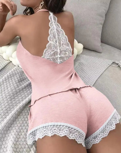 New Fashion 2023 Casual Summer Womens Two Piece Sets Outfit Sexy Floral Print Lace Trim Sleep Cami Set Female Clothing
