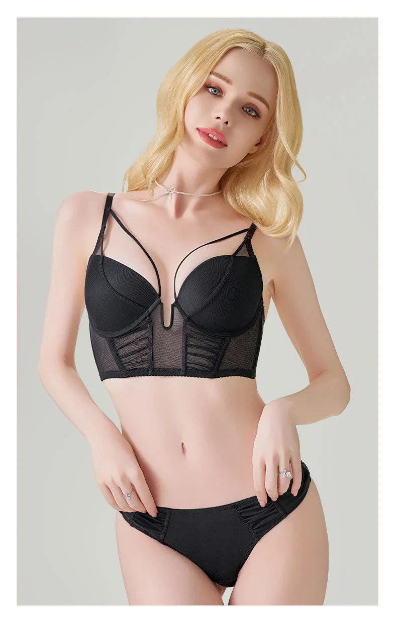 Hollow Out Lingerie Deep-V Neck Fishbone Underwear Push Up Women Sexy Lengthen Bra And Panty Sets Fashion Young Girls Intimates