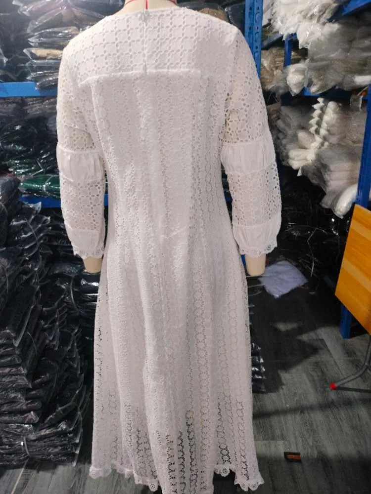 Womens White Lace Spring Dress Round Neck Vintage Beautiful Dresses Hollow Out Female Straight Gorgeous Dress Chic