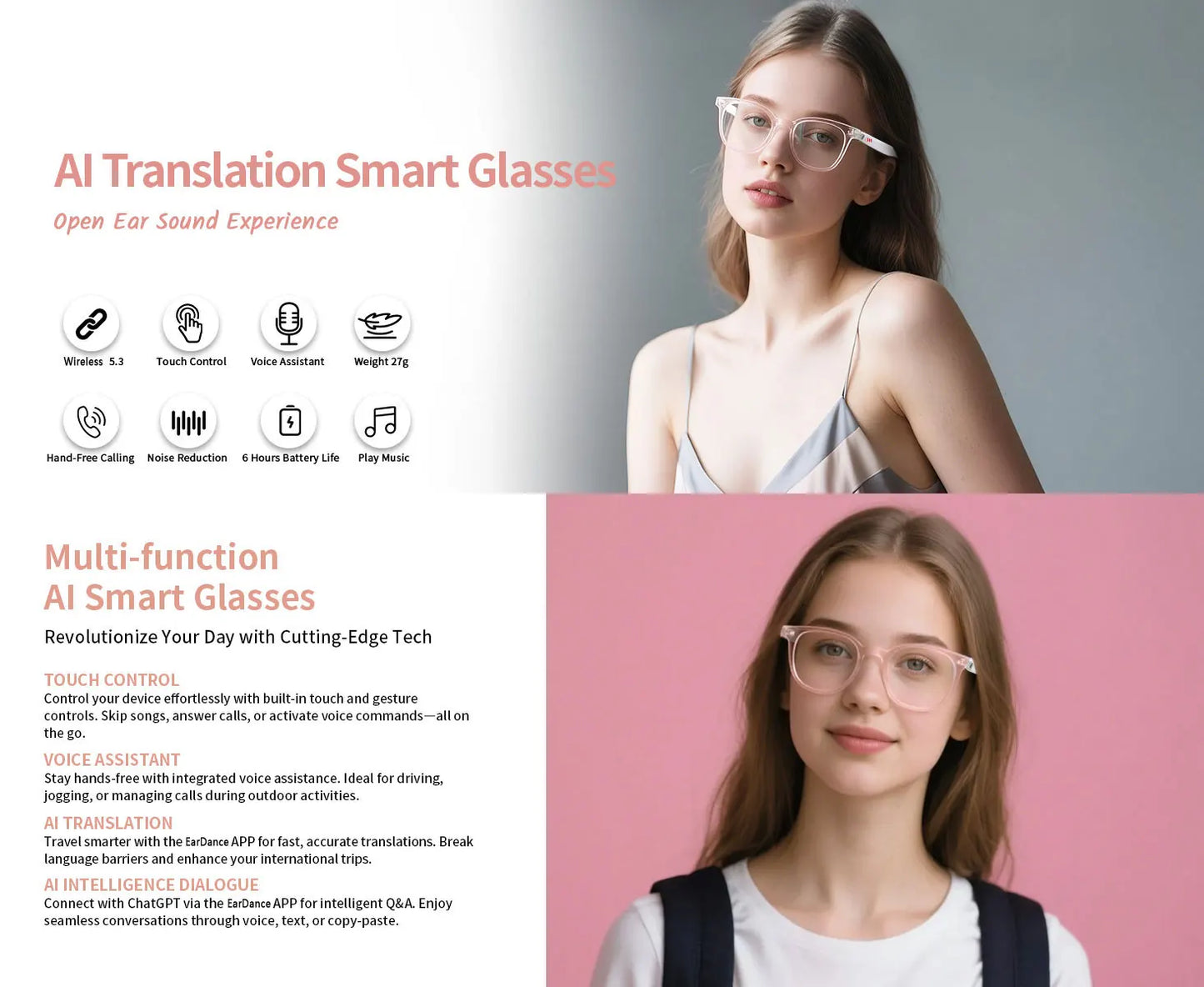 Smart Audio Glasses with Real-Time Translation Hi-Fi Music Playback Noise-Cancelling Voice Calls And Photochromic Lenses