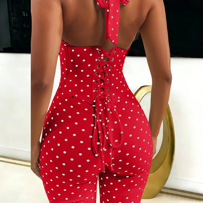 FAGADOER Sexy Polka Dot Print Bodycon Jumpsuits Woman Halter Deep V-neck Backless Rompers Female Streetwear Overalls 2026 New