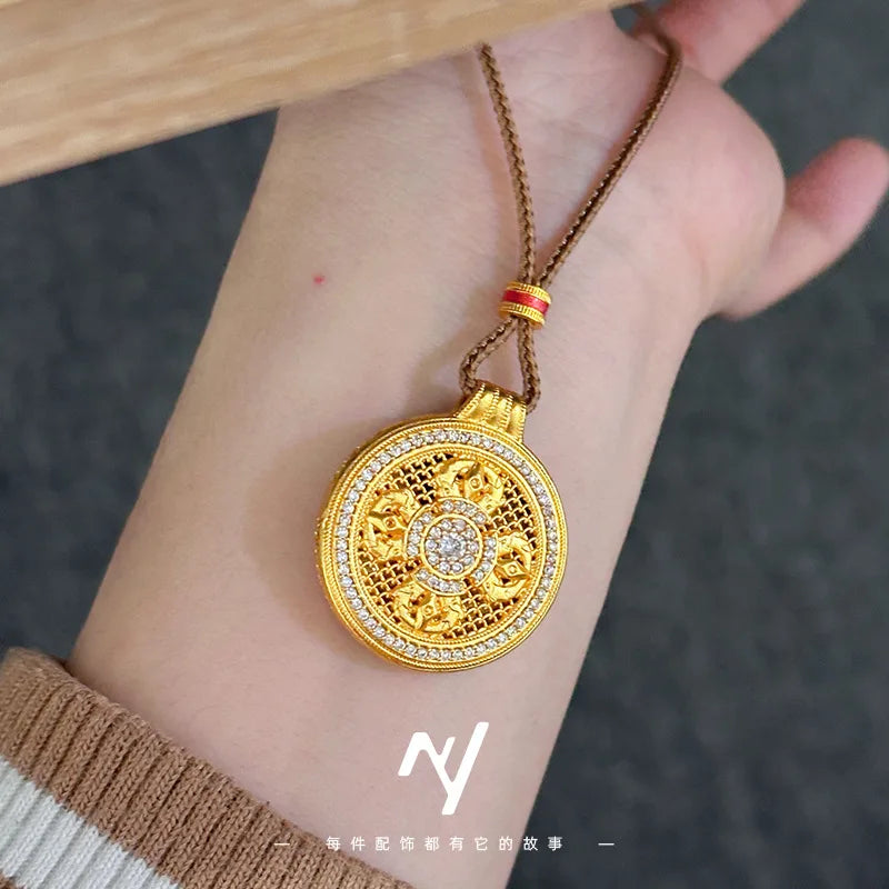 Luxury 24K 9999 Pure Gold Dorje Vajra Pestle Full Diamond Compasses Pendant Hollow Woolen Chain Lanyard Necklace