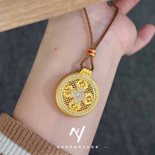 Luxury 24K 9999 Pure Gold Dorje Vajra Pestle Full Diamond Compasses Pendant Hollow Woolen Chain Lanyard Necklace