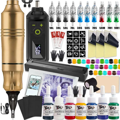 Tattoo Machine Kit Professional Tattoo Kit with Tattoo Transfer Machine Printer or Not Wireless Tattoo Power Supply Beginner Set