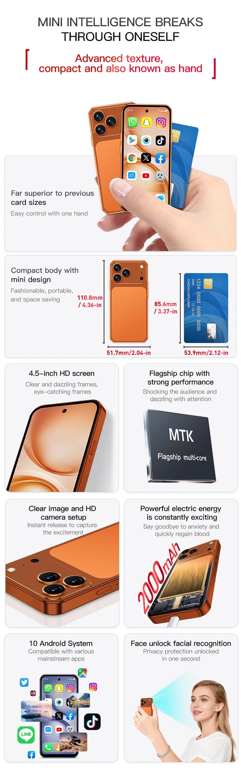 SERVO S45 PRO Android Mini Smartphone 4G LTE 4.5" HD Display 3+64GB Face Unlock Small Portable Cell Phone 2 SIM GPS Play Store