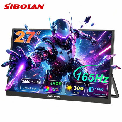 Sibolan 27 inch 2.5K Portable Monitor 165Hz 72% sRGB HDMI USB-C Plug Built-in Mount Laptop Display Extender For Windows Mac