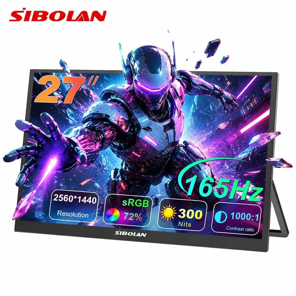 Sibolan 27 inch 2.5K Portable Monitor 165Hz 72% sRGB HDMI USB-C Plug Built-in Mount Laptop Display Extender For Windows Mac