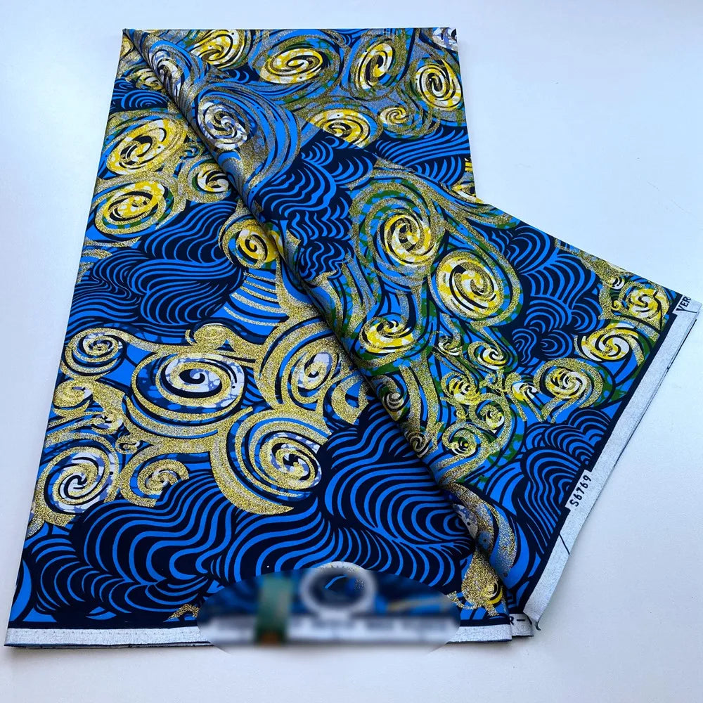 New African Wax Print Fabric Ankara Kitenge Pagne Loincloth Batik Wholesale Golden Glitter Grand 100Cotton Material For Sew 6yar