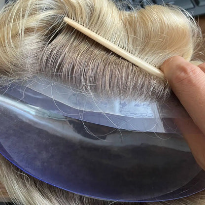 Men's Super Natural Hairline 100% Human Hair Ombre Blonde Capillary Prosthesis System Wigs Brown Roots Durable Thin Skin Toupee