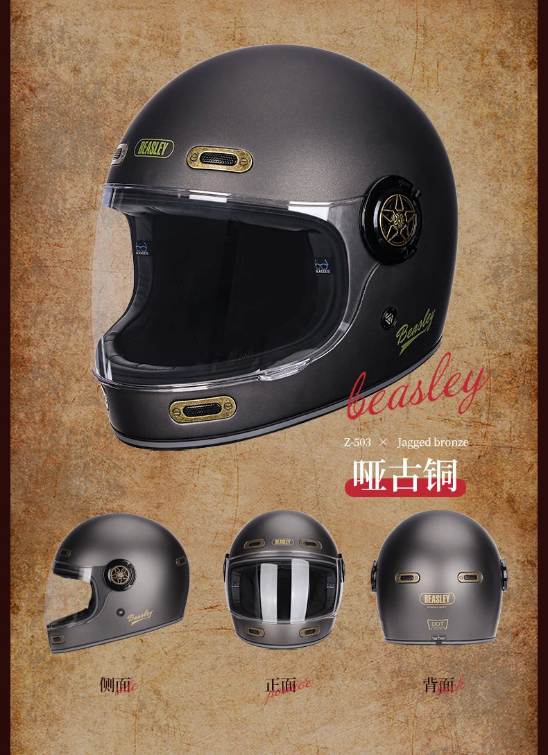 BEASLEY Retro Helmet Men's Women's Cruise Motorcycle Fiberglass Full Helmet Carbon Fiber Motorcycle Helmet DOT Certification