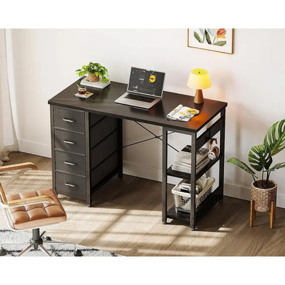 Compact 40 Computer Desk with Fabric Drawers, Ideal for Small Spaces, Home Office & Study with Storage Shelves, Black