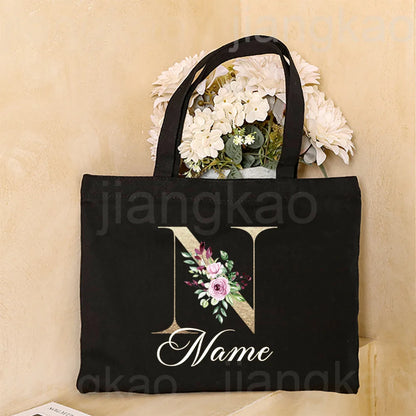 Personalized Initial with Name Tote Bag Women Canvas Shoulder Bags Monogram Shopping Bag Handbags Birthday Wedding Gifts for Her
