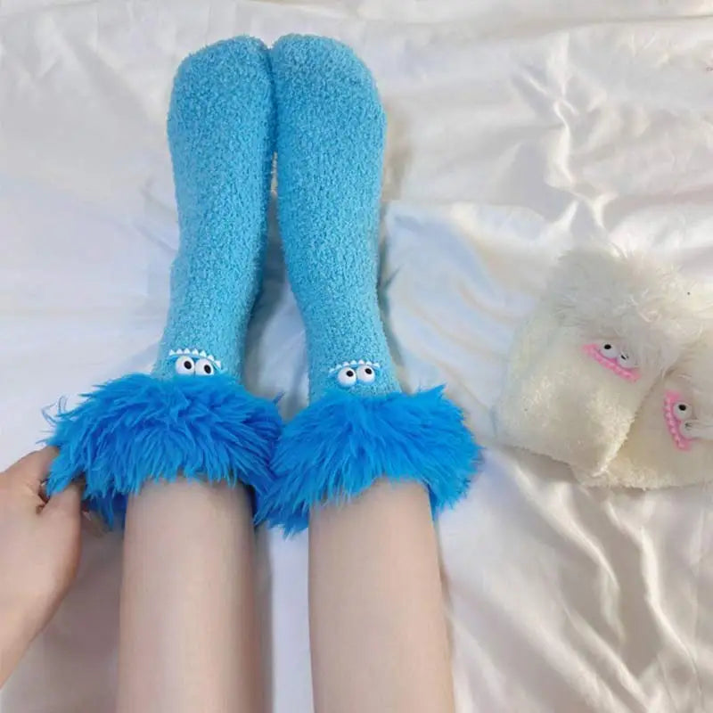 Funny Big Mouth Monster Plush Socks Cute And Fun Plush Socks Thick Coral Velvet Cartoon Sleeping Socks Winter Women Socks Gifts
