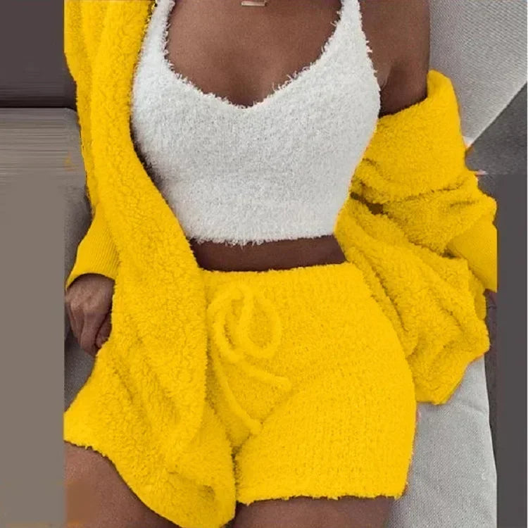 2026 New Women's Velvet Pajamas Set Sexy Crop Top+Shorts+Coat 3 Pieces Suit Sleepwear Casual Soft Clothes Homewear Pyjamas S-3XL