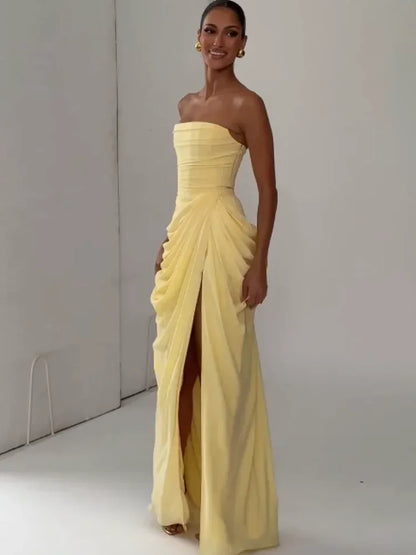 Elegant Yellow Strapless Pleated Dress Women Chic Sleeveless Waist Cinching Split Maxi Gowns 2026 Summer Lady Evening Party Robe