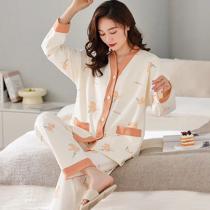 Autumn Women V-Neck Pajamas Sets Fashion Print Cotton Female Pyjamas Two Pieces Shirts + Pants Nighties Big Yards 5XL Sleepwear