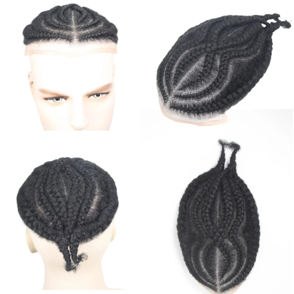 Glueless European Virgin Hair Toupee #1B Black - 8x10 Full Lace System w/Afro Corn Braids for Men