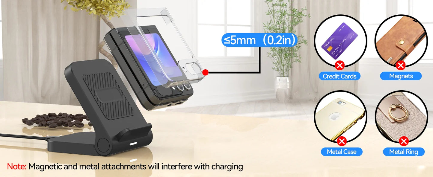 Wireless Charger for Samsung Galaxy Z Flip, 15W Fast Wireless Charging Stand, Compatible with Z Flip 7/6/5/4, for Motorola Razr/Razr+/Razr Ultra 2025, Non-Fold