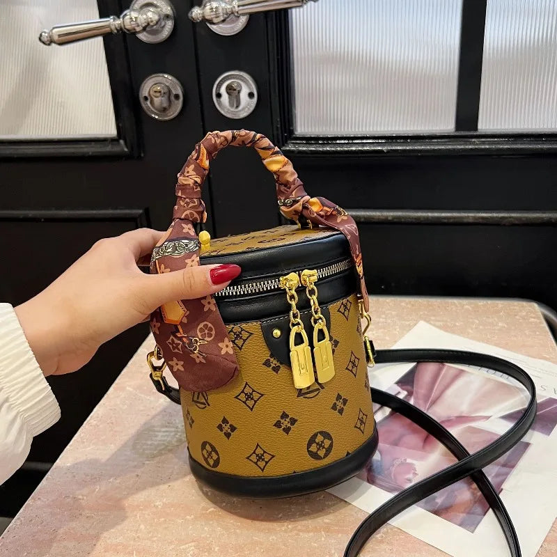 Stylish Printed Bucket Bag with Scarf Detachable Strap Shoulder Crossbody Bag for Women