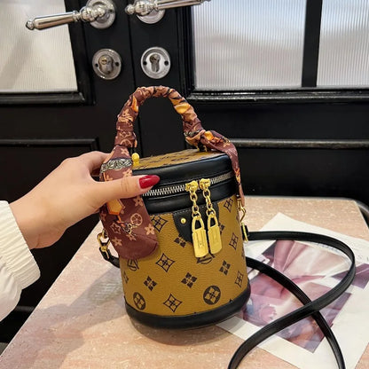 Stylish Printed Bucket Bag with Scarf Detachable Strap Shoulder Crossbody Bag for Women