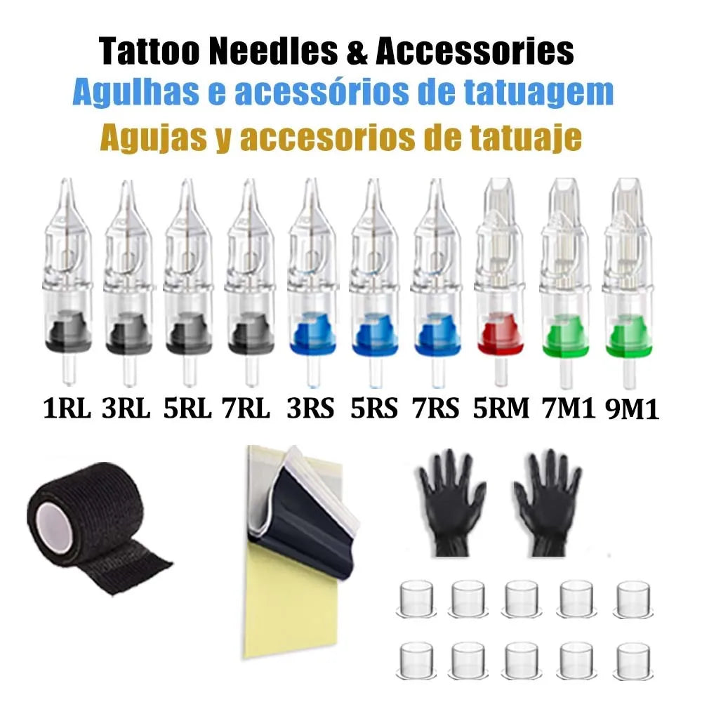 Professional Wireless Tattoo Kit 7 Stroke Tattoo Machine Sets EMALLA Cartridge Needles Transfer Paper Skins for Tattoo Beginners