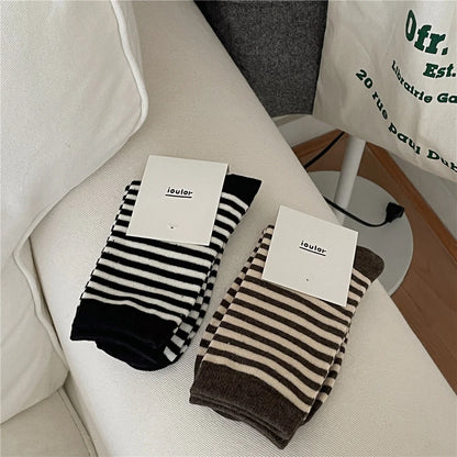 Korean Simple Colored Striped Cotton Socks Women’s Autumn Winter Breathable Middle Tube Socks College Style Trendy Casual Socks