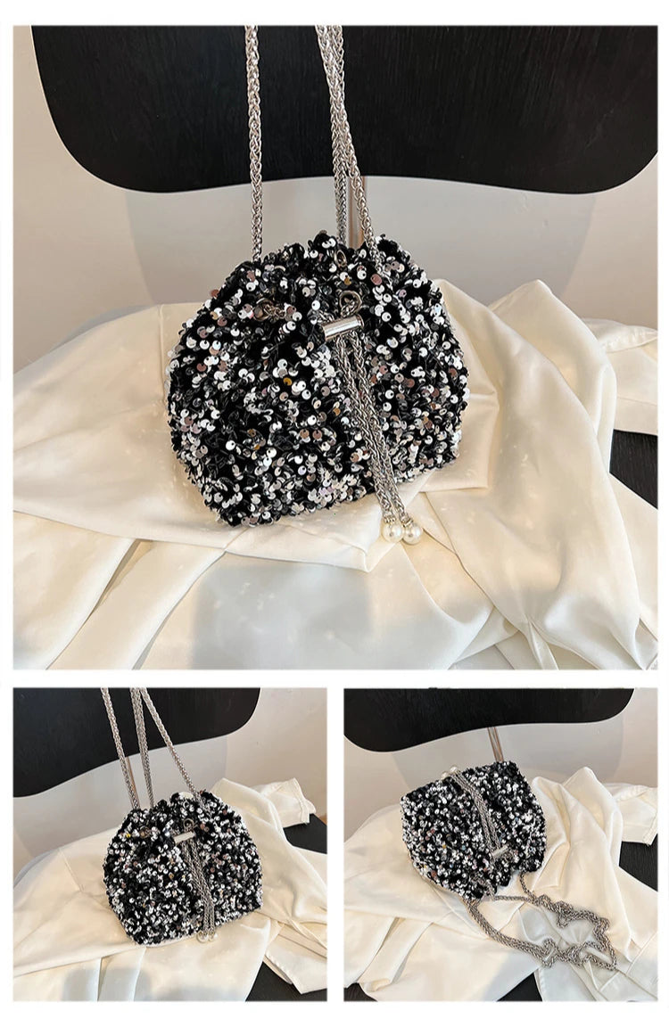 Good-looking Personality Sequin Women's New Korean Bucket Bag Bright Eyes Style Fashion Crossbody Dinner Single Shoulder Bags