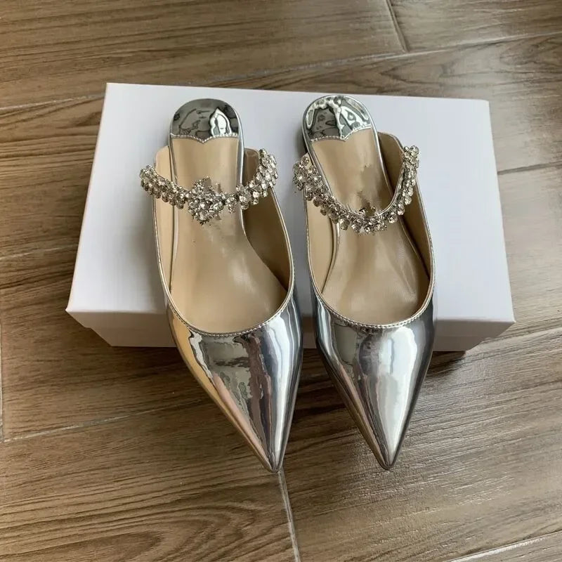 2025 New Fashionable Fine Heeled Muller Shoes with Pointed Water Diamond Chain Banquet Shallow Mouth Women's High Heel Sandals