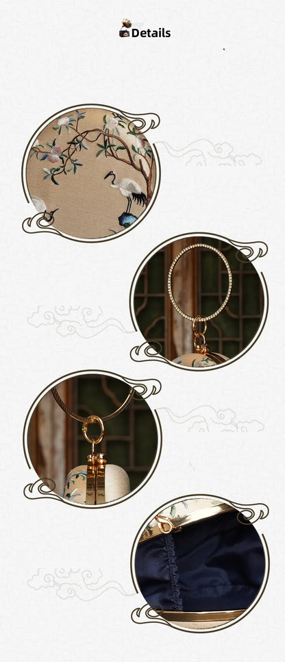 Cape-Bay Brand Women's Bag, Elegant and Classy Small Handbag, Shoulder Bag, Round Bag, Crossbody Bag, Classical Beauty, Retro Fashion, Chinese Suzhou-Style Embroidery, Landscape Painting, Floral and Bird Motifs, Beautiful Min